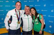 27 June 2015; Michael O'Reilly, Ireland, with Joe Henningan and Julieanne Ryan after being presented with his Men's Boxing Middle 75kg gold medal. 2015 European Games, Crystal Hall, Baku, Azerbaijan. Picture credit: Stephen McCarthy / SPORTSFILE