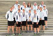 28 June 2015; Team Ireland Boxing, back row, from left, Peter Taylor, Gerry Storey, Julianne Ryan, Joe Hennigan, Billy Walsh, middle row, from left, Dean Walsh, Adam Nolan, Kurt Walker, Michaela Walsh, Myles Casey and Ceire Smith, with front row, from left,  Dean Gardiner, Sean McComb, Brendan Irvine, Katie Taylor, Michael O'Reilly and Darren O'Neill at the Athletes Village. 2015 European Games, Athletes Village, Baku, Azerbaijan. Picture credit: Stephen McCarthy / SPORTSFILE