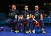 25 June 2015; Ireland coaches, from left, Zaur Antia, Billy Walsh and Gerry Storey react during the Men's Boxing Light Fly 49kg Final bout between Brendan Irvine, Ireland, and Bator Sagaluev, Russia. 2015 European Games, Crystal Hall, Baku, Azerbaijan. Picture credit: Stephen McCarthy / SPORTSFILE