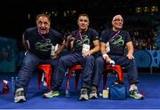 25 June 2015; Ireland coaches, from left, Zaur Antia, Billy Walsh and Gerry Storey react during the Men's Boxing Light Fly 49kg Final bout between Brendan Irvine, Ireland, and Bator Sagaluev, Russia. 2015 European Games, Crystal Hall, Baku, Azerbaijan. Picture credit: Stephen McCarthy / SPORTSFILE