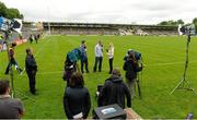 27 June 2015;General view of  Sky TV GAA presenter Rachel Wyse, right, along with GAA Pundits Darragh O'Se and Jim McGuinness, during their rehearsals before  the game. Ulster GAA Football Senior Championship, Semi-Final, Derry v Donegal. St Tiernach's Park, Clones, Co. Monaghan. Picture credit: Oliver McVeigh / SPORTSFILE