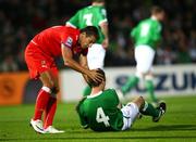 10 September 2008; Johnny Evans, Northern Ireland, gets a pat on the head from Milan Baros, Czech Republic. 2010 World Cup Qualifier, Northern Ireland v Czech Republic, Windsor Park, Belfast, Co. Antrim. Picture credit; Oliver McVeigh / SPORTSFILE