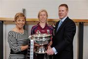 9 September 2008; President of the Camogie Association Liz Howard with Sinead Cahalan, Galway, and Gary Desmond, CEO of Gala, during a Gala All-Ireland Senior and Junior Camogie Championship Finals Photocall. Croke Park, Dublin. Picture credit; Paul Mohan / SPORTSFILE