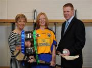 9 September 2008; President of the Camogie Association Liz Howard with Deirdre Murphy, Clare, and Gary Desmond, CEO of Gala, during a Gala All-Ireland Senior and Junior Camogie Championship Finals Photocall. Croke Park, Dublin. Picture credit; Paul Mohan / SPORTSFILE