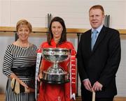 9 September 2008; President of the Camogie Association Liz Howard with Caitriona Foley, Cork, and Gary Desmond, CEO of Gala, during a Gala All-Ireland Senior and Junior Camogie Championship Finals Photocall. Croke Park, Dublin. Picture credit; Paul Mohan / SPORTSFILE