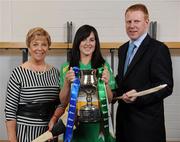 9 September 2008; President of the Camogie Association Liz Howard with Marion Crean, Offaly, and Gary Desmond, CEO of Gala, during a Gala All-Ireland Senior and Junior Camogie Championship Finals Photocall. Croke Park, Dublin. Picture credit; Paul Mohan / SPORTSFILE