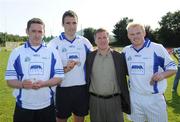13 September 2008; Will Curley, President MBNA, with winner of the Men's 2008 MBNA Kick Fada All-Ireland Final, Paul Hearty, Crossmaglen Rangers, 2nd place Paraic Kelly, left, Offaly, and Mark Vaughan, right, Kilmacud Crokes, Co. Dublin. Bray Emmets GAA Club, Bray, Co. Wicklow. Photo by Sportsfile  *** Local Caption ***