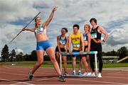 29 June 2015; Pictured at the launch of the GloHealth Senior Track and Field Championships, which will take place in Morton Stadium, Santry, on 8th 9th August, are, from left, javelin thrower Anita Fitzgibbon, 4 x 100m relay runner Steph Creaner, 800m runner Mark English, 4 x 100m relay runner Catherine McManus and pole vaulter Ian Rogers. The Championships are free to under 16s and a perfect day out for the whole family. Tickets can be bought at www.athleticsireland.ie or at the gate on the day. Morton Stadium, Santry, Dublin. Picture credit: Ramsey Cardy / SPORTSFILE