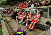 27 June 2015; The Derry bench including Eoin Bradley and Sean Leo McGoldrick,  in the closing seconds of the game. Ulster GAA Football Senior Championship, Semi-Final, Derry v Donegal. St Tiernach's Park, Clones, Co. Monaghan. Picture credit: Oliver McVeigh / SPORTSFILE