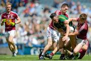 28 June 2015; Andrew Tormey, Meath, in action against Paddy Halloway, right, and James Dolan, Westmeath. Leinster GAA Football Senior Championship, Semi-Final, Westmeath v Meath. Croke Park, Dublin. Picture credit: Dáire Brennan / SPORTSFILE