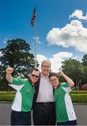 28 June 2015; Team Ireland athletes received a major boost to their preparations for the 2015 Special Olympics World Summer Games due to be held in Los Angeles next month, with a special reception hosted by the U.S. Ambassador to Ireland. The event took place at the official residence of U.S. Ambassador to Ireland, Kevin F. O’Malley, in the Phoenix Park, Dublin, and included a symbolic Law Enforcement Torch Run, featuring members of the Garda Siochana and Police Service of Northern Ireland. Pictured are Paul Kirrane, Ennis, Co Clare, Billy Kane, Swords, Co Dublin, and the Ambassador Kevin F. O’Malley. US Ambassador's Residence, Phoenix Park, Dublin. Picture credit: Ray McManus / SPORTSFILE