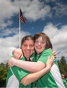 28 June 2015; Team Ireland athletes received a major boost to their preparations for the 2015 Special Olympics World Summer Games due to be held in Los Angeles next month, with a special reception hosted by the U.S. Ambassador to Ireland. The event took place at the official residence of U.S. Ambassador to Ireland, Kevin F. O’Malley, in the Phoenix Park, Dublin, yesterday, Sunday afternoon, and included a symbolic Law Enforcement Torch Run, featuring members of the Garda Siochana and Police Service of Northern Ireland. Pictured is Anne Marie Cooney, left, Saint Raphael’s Service, Co Kildare, and Megan Reynolds, Blackrock Flyers, Dublin. US Ambassador's Residence, Phoenix Park, Dublin. Picture credit: Ray McManus / SPORTSFILE