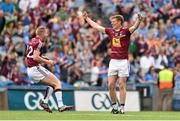28 June 2015; Westmeath's John Heslin, right, and Dennis Glennon celebrate following their side's victory. Leinster GAA Football Senior Championship, Semi-Final, Westmeath v Meath. Croke Park, Dublin. Picture credit: Ramsey Cardy / SPORTSFILE