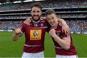 28 June 2015; Westmeath's Lorcan Smyth, left, and Shane Dempsey celebrate following their side's victory. Leinster GAA Football Senior Championship, Semi-Final, Westmeath v Meath. Croke Park, Dublin. Picture credit: Ramsey Cardy / SPORTSFILE