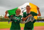 28 June 2015; Saoirse Noonan and Evelyn Daly, Republic of Ireland, hold up a Cork City scarf and Irish flag after the game. UEFA European Women's Under-17 Championship Finals, Republic of Ireland v Norway. Korinn, Kopavogur, Iceland. Picture credit: Eoin Noonan / SPORTSFILE