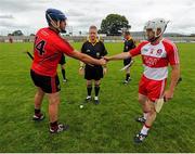 28 June 2015; Sean McCullagh, Derry, shakes hands with Gareth Johnson, Down. before the start of the match. Ulster GAA Hurling Senior Championship, Semi-Final, Derry v Down. Owenbeg, Derry. Picture credit: Seb Daly / SPORTSFILE