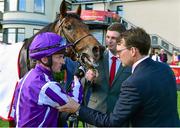 28 June 2015; Jockey Seamie Heffernan talks with trainer Aidan O'Brien with Bondi Beach after winning the At Races Curragh Cup. Curragh Derby Festival. The Curragh, Co. Kildare. Picture credit: Cody Glenn / SPORTSFILE