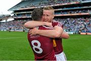 28 June 2015; Westmeath players Paul Sharry, left, and Denis Glennon, celebrate after the game. Leinster GAA Football Senior Championship, Semi-Final, Westmeath v Meath. Croke Park, Dublin. Picture credit: Dáire Brennan / SPORTSFILE