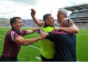 28 June 2015; Westmeath management team, left to right, Pierce Corroon, Tom Cribbin, Gary Connaughton, and Alan McCormack, celebrate after the game. Leinster GAA Football Senior Championship, Semi-Final, Westmeath v Meath. Croke Park, Dublin. Picture credit: Dáire Brennan / SPORTSFILE