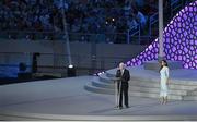 28 June 2015; OC President Pat Hickey, in the company of the First Lady of Azerbaijan and Chair of the Baku 2015 European Games Organising Committee, Mehriban Aliyeva speaking during the 2015 European Games Closing Ceremony in the Olympic Stadium, Baku, Azerbaijan. Picture credit: Stephen McCarthy / SPORTSFILE