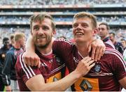 28 June 2015; Westmeath players Kevin Maguire, left, and John Heslin, celebrate after the game. Leinster GAA Football Senior Championship, Semi-Final, Westmeath v Meath. Croke Park, Dublin. Picture credit: Dáire Brennan / SPORTSFILE