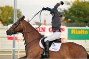 26 June 2015; Gabriel Corless, Co. Galway, celebrates after clearing the highest wall on Rockstown Park and earning a joint first place finish in The Devenish Puissance during the Final Leg of Jumping In The City. Shelbourne Park Greyhound Stadium, Ringsend, Dublin. Picture credit: Cody Glenn / SPORTSFILE