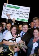 13 September 2008; An Taoiseach Brian Cowen, T.D with Bridget Curtin, sister of winning trainer Pat Curtin, after Shelbourne Aston had won the Paddy Power Irish Greyhound Derby. Paddy Power Irish Greyhound Derby, Shelbourne Park, Ringsend, Dublin. Picture credit; Damien Eagers / SPORTSFILE