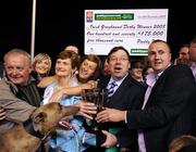 13 September 2008; An Taoiseach Brian Cowen, T.D presents the winning trophy to owner Noel Hehir after Shelbourne Aston had won the Paddy Power Irish Greyhound Derby. Paddy Power Irish Greyhound Derby, Shelbourne Park, Ringsend, Dublin. Picture credit; Damien Eagers / SPORTSFILE