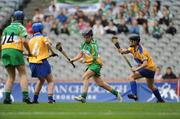 14 September 2008; Arlene Watkins, Offaly, about to shoot to score her side's first goal despite the attention of Cathy Hally, 2, and Aimee McInerney, Clare. Gala All-Ireland Junior Camogie Championship Final, Clare v Offaly, Croke Park, Dublin. Picture credit: Stephen McCarthy / SPORTSFILE *** Local Caption *** 15  4  2