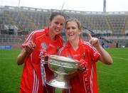 14 September 2008; Cork players Orla Cotter, left, and Mary O'Connor celebrate after their side's victory over Galway. Gala All-Ireland Senior Camogie Championship Final, Cork v Galway, Croke Park, Dublin. Picture credit: Stephen McCarthy / SPORTSFILE