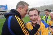 14 September 2008; Kate Lynch, Clare, is congratulated by Kevin Halpin after the match. Gala All-Ireland Junior Camogie Championship Final, Clare v Offaly, Croke Park, Dublin. Picture credit: Stephen McCarthy / SPORTSFILE *** Local Caption *** john myhil    kate