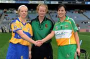 14 September 2008; Referee Una Kearney with Clare captain Deidre Murphy and Offaly captain Marion Crean. Gala All-Ireland Junior Camogie Championship Final, Clare v Offaly, Croke Park, Dublin. Picture credit: Stephen McCarthy / SPORTSFILE