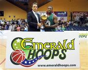 23 August 2008; Karl Donnelly, Marketing Director Basketball Ireland, presents Tory Jackson with the game's MVP award. Emerald Hoops Day 3, Notre Dame v Iceland, National Basketball Arena, Tallaght, Co. Dublin. Picture credit: Stephen McCarthy / SPORTSFILE