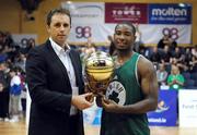 23 August 2008; Karl Donnelly, Marketing Director Basketball Ireland, presents Tory Jackson with the game's MVP award. Emerald Hoops Day 3, Notre Dame v Iceland, National Basketball Arena, Tallaght, Co. Dublin. Picture credit: Stephen McCarthy / SPORTSFILE