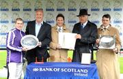 14 September 2008; Jockey Johnny Murtagh, left, who won The Bank Of Scotland, Ireland, National Stakes, Group I, aboard Mastercraftsman with, from left, Paul Cunningham, Head of Banking, Bank of Scotland, Ireland, Paul Swift, John Magnier, owner, and Aidan O'Brien, trainer. Bank of Scotland, Ireland, National Stakes race day at the Curragh. Curragh Racecourse, Co. Kildare. Photo by Sportsfile  *** Local Caption ***