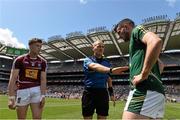 28 June 2015; Referee Conor Lane with captains Ger Egan, left, Westmeath, and Donal Keogan, Meath. Leinster GAA Football Senior Championship, Semi-Final, Westmeath v Meath. Croke Park, Dublin. Picture credit: David Maher / SPORTSFILE