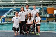 30 June 2015; In attendance at the announcement of the Paralympics Ireland team to compete in the Paralympic Swimming (IPC) World Championships in July are, clockwise from left, James Scully, Ratoath, Co. Meath, Ellen Keane, Clontarf, Dublin, Darragh McDonald, Gorey, Co. Wexford, Jonathan McGrath, Killaloe, Co. Clare, Nicole Turner, Portlaoise, Co. Laois, and Ailbhe Kelly, Castleknock, Dublin. The six strong team to compete in Glasgow include Double Paralympians Darragh McDonald and Ellen Keane, London Paralympians James Scully and Jonathan McGrath and first time World Championship swimmers Ailbhe Kelly and Nicole Turner. These Championships are also a key milestone on the road to Rio 2016 Paralympic Games qualification. National Aquatic Centre, Abbotstown, Dublin. Picture credit: Brendan Moran / SPORTSFILE