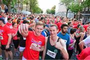 30 June 2015; Micheal Sweeney, left, and Ronan Jennings, representing the Tyco Team, before the start of the Grant Thornton Corporate 5k Team Challenge. Cork. Picture credit: Cody Glenn / SPORTSFILE