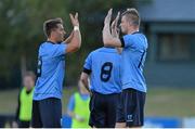 2 July 2015; Mark Langtry, left, and Jamie Doyle, UCD, celebrate after the game. UEFA Europa League, First Qualifying Round, First Leg, UCD v F91 Dudelange, Belfield Bowl, UCD, Dublin. Picture credit: Brendan Moran / SPORTSFILE