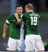 2 July 2015; Karl Sheppard, Cork City FC, holds back team mate Mark O'Sullivan after a coming together with Billy Dennehy. UEFA Europa League, First Qualifying Round, First Leg, Cork City FC v KR Reykjavik. Turners Cross, Cork. Picture credit: Eoin Noonan / SPORTSFILE