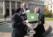18 September 2008; An Taoiseach Brian Cowen T.D., with former Kerry footballer Paidi O Se, centre, and Padraig McMcManus, ESB Chief Executive, and the Sam Maguire Cup. Cul Green Initiative, Government Buildings, Leinster House, Upper Merrion Street, Dublin. Picture credit: Pat Murphy / SPORTSFILE