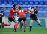 19 September 2008; Michael Noone, Leinster, is tackled by Michael Kelleher, 10, and Brian O'Hara, Munster. Under 20 Interprovincial, Leinster v Munster, Donnybrook Stadium, Donnybrook, Dublin. Picture credit: Brendan Moran / SPORTSFILE