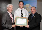 13 September 2008; Damien Coleman, Galway, receiving his Tutor Trainer Certificate from Michael McGeehan, left, Director Coaching Ireland and Nickey Brennan, President of the GAA. Tutor Trainer Graduation, Croke Park, Dublin. Picture credit: Paul Mohan / SPORTSFILE