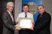 13 September 2008; Martin Connolly, Mayo, receiving his Tutor Trainer Certificate from Michael McGeehan, left, Director Coaching Ireland and Nickey Brennan, President of the GAA. Tutor Trainer Graduation, Croke Park, Dublin. Photo by Sportsfile