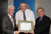 13 September 2008; Eugene Young, Derry, receiving his Tutor Trainer Certificate from Michael McGeehan, left, Director Coaching Ireland and Nickey Brennan, President of the GAA. Tutor Trainer Graduation, Croke Park, Dublin. Photo by Sportsfile