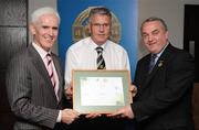 13 September 2008; Brian Landers accepting the Tutor Trainer Certificate on behalf of Brian Lotty, Cork, from Michael McGeehan, left, Director Coaching Ireland and Nickey Brennan, President of the GAA. Tutor Trainer Graduation, Croke Park, Dublin. Photo by Sportsfile