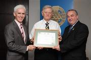 13 September 2008; Al O'Donohue, Dublin, receiving his Tutor Trainer Certificate from Michael McGeehan, left, Director Coaching Ireland and Nickey Brennan, President of the GAA. Tutor Trainer Graduation, Croke Park, Dublin. Photo by Sportsfile