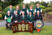 18 September 2008; Portmarnock who beat Limerick in the Final of the Bulmers Barton Shield, back row from left to right, David Fleury, Honorary Secretary, Portmarnock Golf Club, Niall Goulding, James Fox, Aengus McAllistar and Michael Brett. Front row, left to right, Dermot Snow, Team Captain, Sean Murphy, Commercial Manager Bulmers, Barry Doyle, President of the Golfing Union of Ireland, Brendan MacClancy, Portmarnock Club Captain, and Maurice Healy, Captain Monkstown Golf Club Bulmers Barton Shield Final. Bulmers Cups and Shields Finals 2008, Monkstown Golf Club, Parkgarriff, Monkstown, Co. Cork. Picture credit: Ray McManus / SPORTSFILE