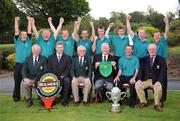 18 September 2008; Ballina Golf Club who beat Naas in the Final of the Bulmers Junior Cup, back row left to right, Johnathan Kelly, Michael McLoughlin, Paul McLoughlin, Stephen Lydon, Robert Dervin, Bryan Cox, Pat Howley and John Doherty. Front row left to right, Eugene Fagan, Chairman, Connacht Branch of the Golfing Union of Ireland, Sean Murphy, Commercial Manager Bulmers, Barry Doyle, President, Golfing Union of Ireland, Eamonn Brogan, Captain Ballina Golf Club, Noel Dee, Ballina Team Captain, and Maurice Healy, Captain Monkstown Golf Club. Bulmers Junior Cup Final. Bulmers Cups and Shields Finals 2008, Monkstown Golf Club, Parkgarriff, Monkstown, Co. Cork. Picture credit: Ray McManus / SPORTSFILE