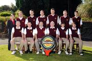 18 September 2008; Naas Golf Club who were defeated by Ballina in the Final of the Bulmers Junior Cup, back row left to right, Anne Hogan, Bulmers Brand Manager; Gavin Lunny; Jean Paul Kelly; Gus Fitzpatrick; Seamus McCormack, Assistant Team Manager; Eoin McCormack; Mark Holms. Front row, left to right, Ray Lynch; Dermot Keane; Jim Fennell, Club Captain; Gerry Prendergast, Team Manager; Conor Oâ€™Rourke; David Prendergast. Bulmers Junior Cup Final. Bulmers Cups and Shields Finals 2008, Monkstown Golf Club, Parkgarriff, Monkstown, Co. Cork. Picture credit: Ray McManus / SPORTSFILE